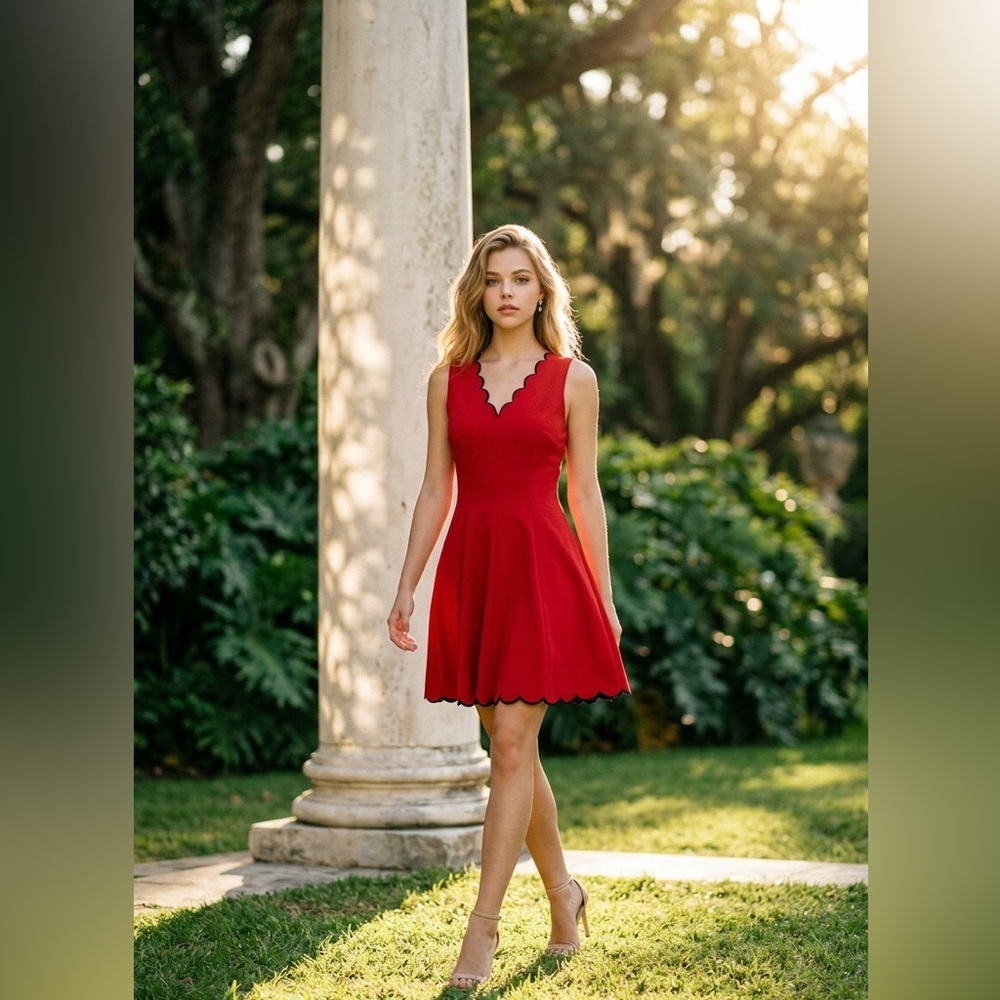 Banana Republic Red Scalloped Edge Fit & Flare Mini Dress